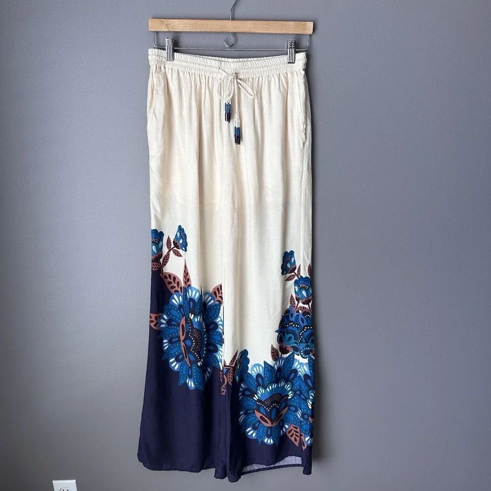 FARM RIO X Anthropologie Floral Print Martina Pants Women's S Blue Wide-Leg NWT - Picture 5 of 13